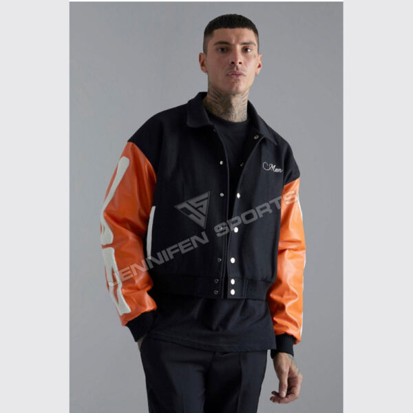 MEN’S SHELL WOOL LEATHER SLEEVES CHENILLIE EMBROIDERED PATCHES ON SLEEVES VARSITY JACKET JS-VJ-11