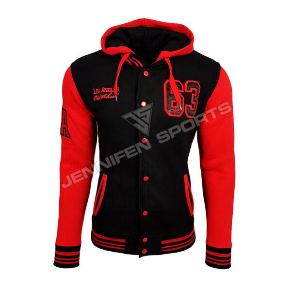 MEN’S 100% WOOL CHENILLIE EMBROIDERY PATCHES LETTERMAN VARSITY JACKET WITH HOOD JS-VJ-30